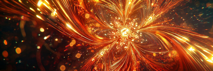 Abstract mandala made from glowing red and gold lines.