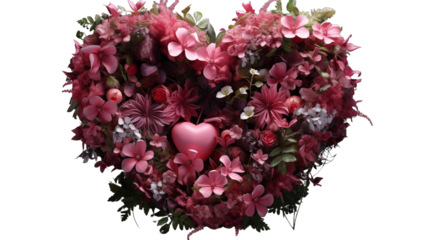 Romantic Pink Flower Heart Arrangement, Valentine's Day, studio view, isolated on transparent background.