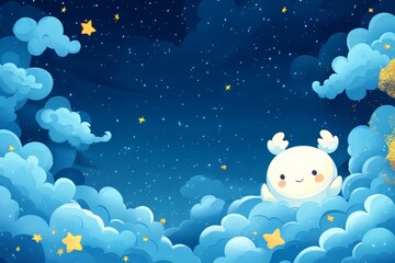 Obraz premium A cheerful white character with antlers sits among fluffy clouds under a starry sky.