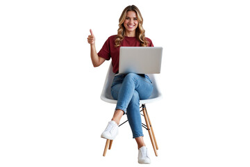 casual woman seated with a laptop, smiling and gesturing positivity