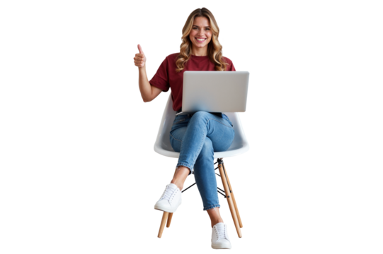 casual woman seated with a laptop, smiling and gesturing positivity