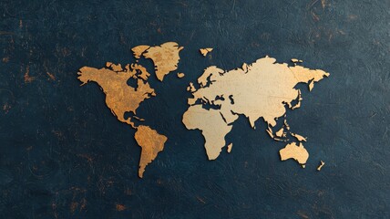 Golden World Map on Dark Textured Background Global Travel International Concept