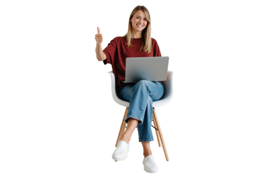 Isolated portrait of a relaxed woman sitting on a chair with a laptop, making a thumbs-up sign
