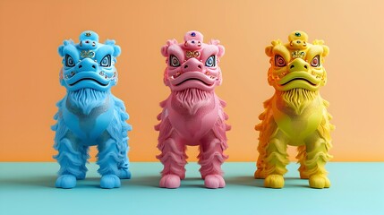 Fototapeta premium Colorful Decorative Lion Statues Display