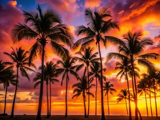 Obraz premium Hawaiian Sunset Silhouette: Palm Trees & Golden Sky