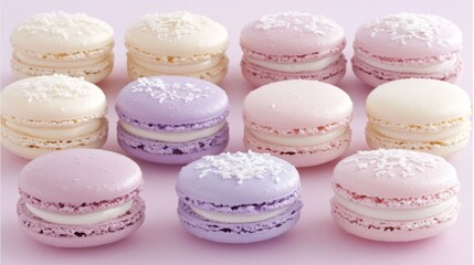 Fototapeta premium A set of macarons in pastel shades placed in a grid pattern on a light pink background, creating a pleasing visual contrast of colors and textures.
