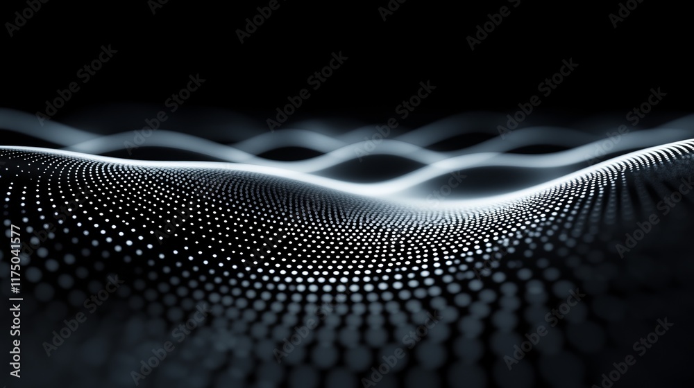 Poster holographic patterns create dynamic waves of light and texture in a dark background