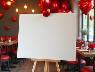 Valentine day menu mockup as a blank canvas on the easel in a café 