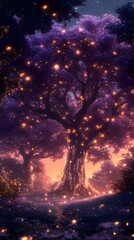 Naklejka premium Magical enchanted forest at night with glowing fireflies illuminating large tree.