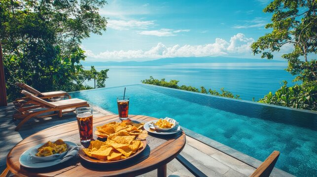 Savor the flavors of Bali with a dreamy breakfast setup by an infinity pool facing the sea