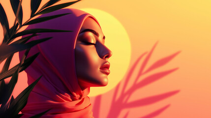 A serene and modern illustration of a woman wearing a hijab, set against soft geometric patterns.
