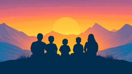 Fototapeta premium A silhouette of a family sitting together on a hilltop, watching a sunset, with the colorful sky behind them and their outlines sharp against the light