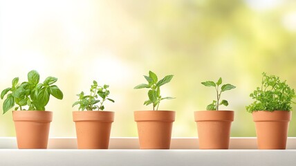 Obraz premium A row of herb seedlings, including basil, mint, and parsley, growing in small pots on a sunny kitchen windowsill
