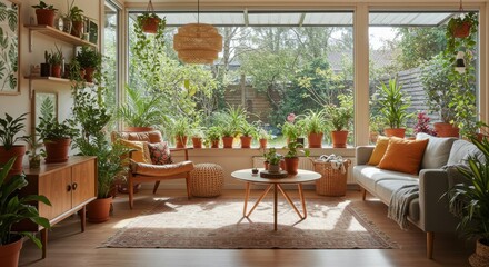 Obraz premium Cozy sunroom, bohemian interior, large windows, natural light, hanging plants, wooden shelves, rattan pendant light, gray sofa, orange cushions, wooden coffee table, potted plants, wooden sideboard, w