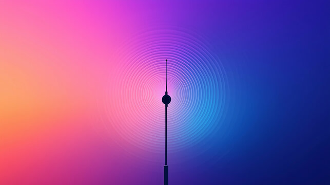 A simplified graphic of a radio antenna emitting circular sound waves in a serene gradient.