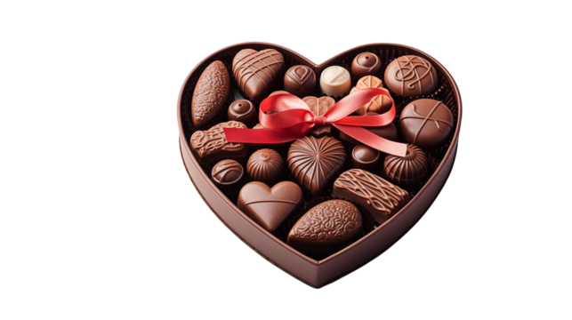 Heart-Shaped Box of Assorted Gourmet Chocolates, Romantic Gift, studio view, isolated on transparent background.