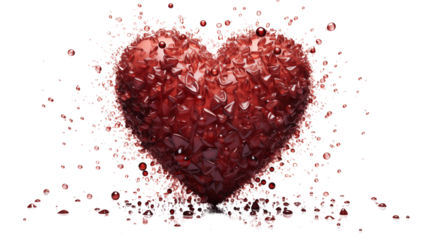 Exploding Red Crystal Heart, Abstract Love, Valentines Day, studio view, isolated on transparent background.
