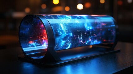 Holographic display showcasing vibrant urban scenery at night with glowing lights and futuristic designs