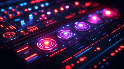 Obraz premium Dynamic holographic interface displaying colorful lights in a futuristic control panel setting