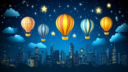 Naklejka premium Night cityscape with four vibrant hot air balloons ascending among the stars
