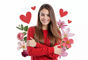 Beautiful girl in red sweater surrounded by flowers and hearts hugs herself. Self-love concept