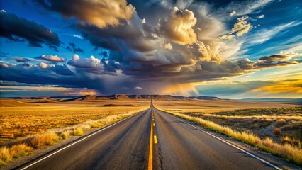 Naklejka premium Panoramic Wyoming Highway: Empty Road Scenic Vista