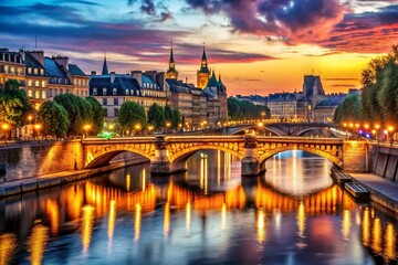 Fototapeta premium Paris Night Scene: Sunset over Seine River & Louis-Philippe Bridge