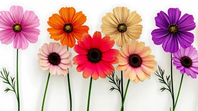 Four different colored flowers with green stems. The flowers are orange, yellow, purple, and pink
