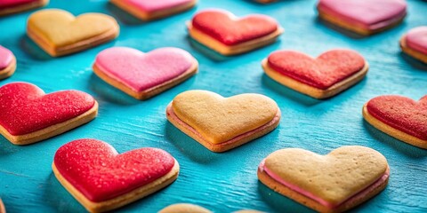 Obraz premium Heart-Shaped Cookies Valentine's Day Baking Blue Background Stock Photo