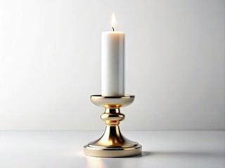 Gold candlestick cradles a pristine white candle.  Minimalist elegance, luxurious product shot.