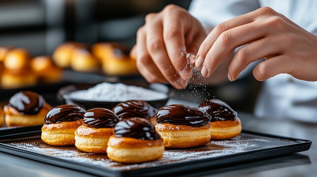 A chef dusts sugar on chocolate-glazed pastries in a kitchen, highlighting culinary skills and delicious treats.