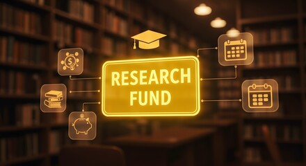 Research funding platform with interactive digital interface for financial planning, grants, and academic support in innovative technology style for higher education