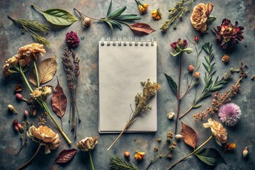Pastel Gray Background Flat Lay: Dried Flowers, Leaves & Notepad - Low Light Photography
