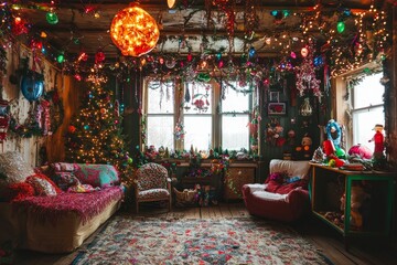 Exuberantly decorated Christmas room, tree, and furniture.