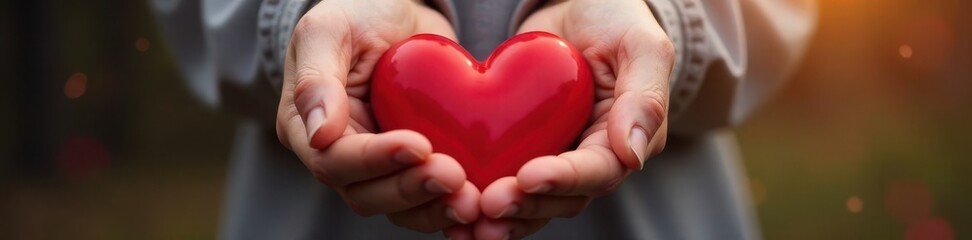 Obraz premium Tender hands gently holding a vibrant red heart; a powerful symbol of life, care, and giving , generosity, organ donation