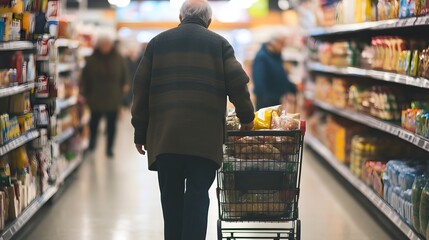 Elderly Man Shopping Grocery Cart Supermarket Aisles