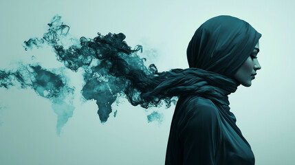 Artistic depiction of a hijabi woman with flowing scarf blending into a soft abstract world map.