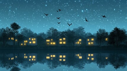 Fototapeta premium Nightfall over a tranquil village reflected in a still lake under a starlit sky