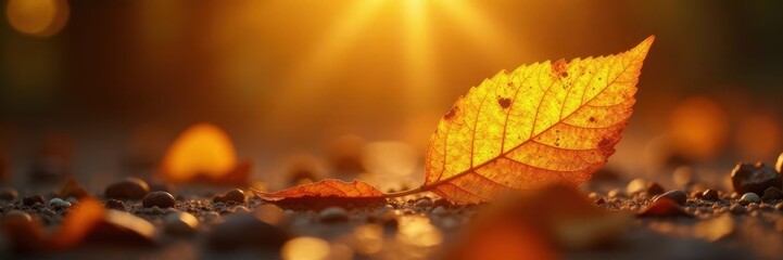 Fototapeta premium Warm gold leaf, intense light flares, dramatic reflections, bright, leaf