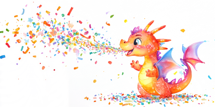 A small, friendly dragon character blowing streams of colorful confetti from its mouth. 