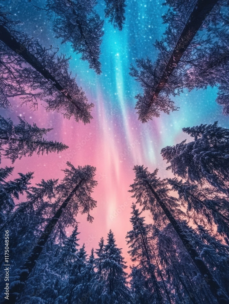 Wall mural the sky above the surreal forest is an impossible shade of pink casting an otherworldly glow over th