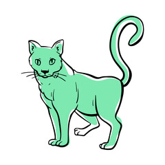 Curious cat with its tail raised stands and looks. Free hand Fat cute domestic pet illustration. Trendy doodle icon. Sketch style crooked vector.