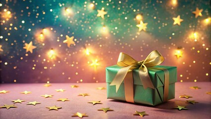 Obraz premium Pastel Pink Night Sky with Stars, Green Gift Box, Gold Bow - Festive Holiday Background