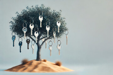 Tree with keys on branches in a sandy desert. Space for text.