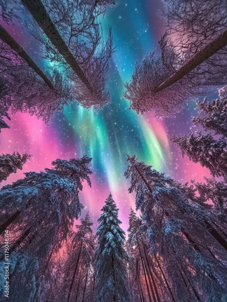Wall mural the sky above the surreal forest is an impossible shade of pink casting an otherworldly glow over th