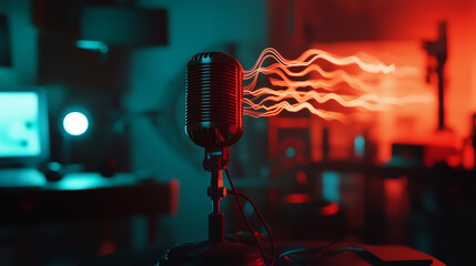 Artistic representation of vintage microphone emitting abstract waves for World Radio Day.