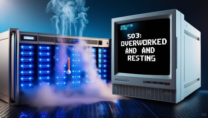 Web Server Error Code 503. High-tech server emitting pink smoke sits next to a thermometer with a high reading. Overworked and Resting