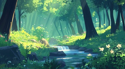 Fototapeta premium Serene Forest Stream Sunlight Dappled Green Canopy
