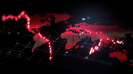 Illuminated World Map with Red Highlights Showcasing Global Market Trends and Financial Insights in a Modern and Dynamic Visual Representation