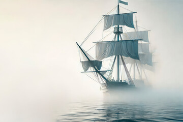 Fototapeta premium Sailboat in fog on calm water. Space for text.